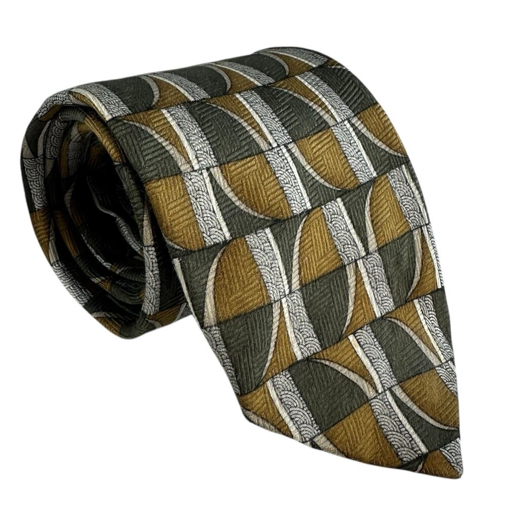 Vtg Honors Silk Tie Mens Slim Necktie Geometric Print Green Brown 58x3 Made USA
